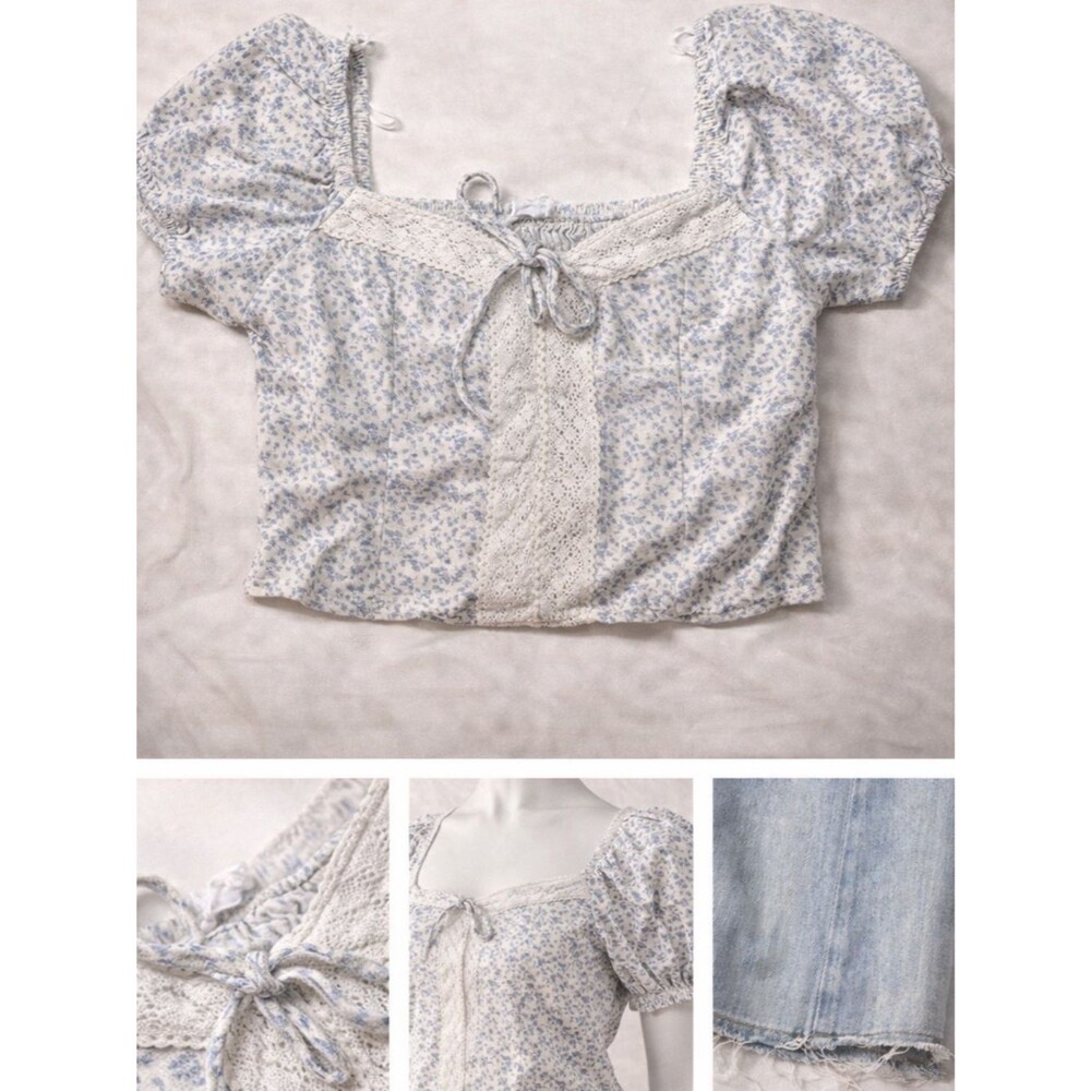 Sienna Sky Blue Floral Smocked Crop Top - Lace Trim & Puff Sleeves